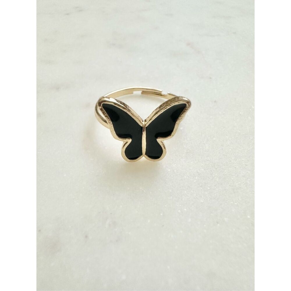 Black and gold adjustable butterfly ring